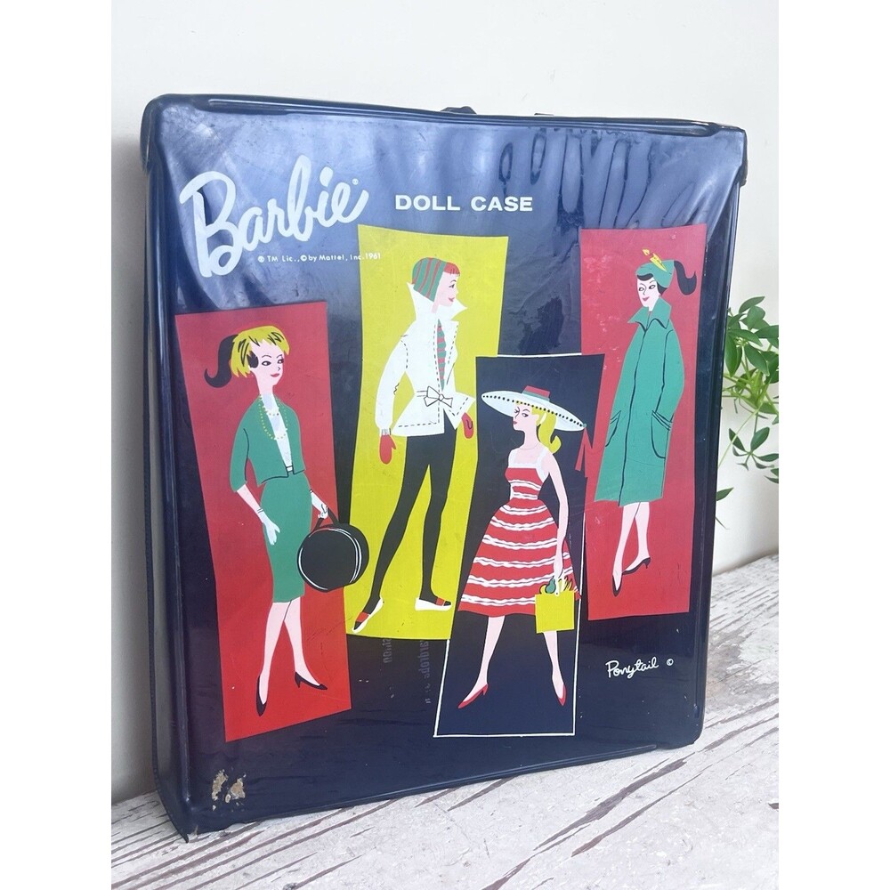Vintage 1961 Black Vinyl Barbie Doll Case – Ponytail Graphic – Handle Missing